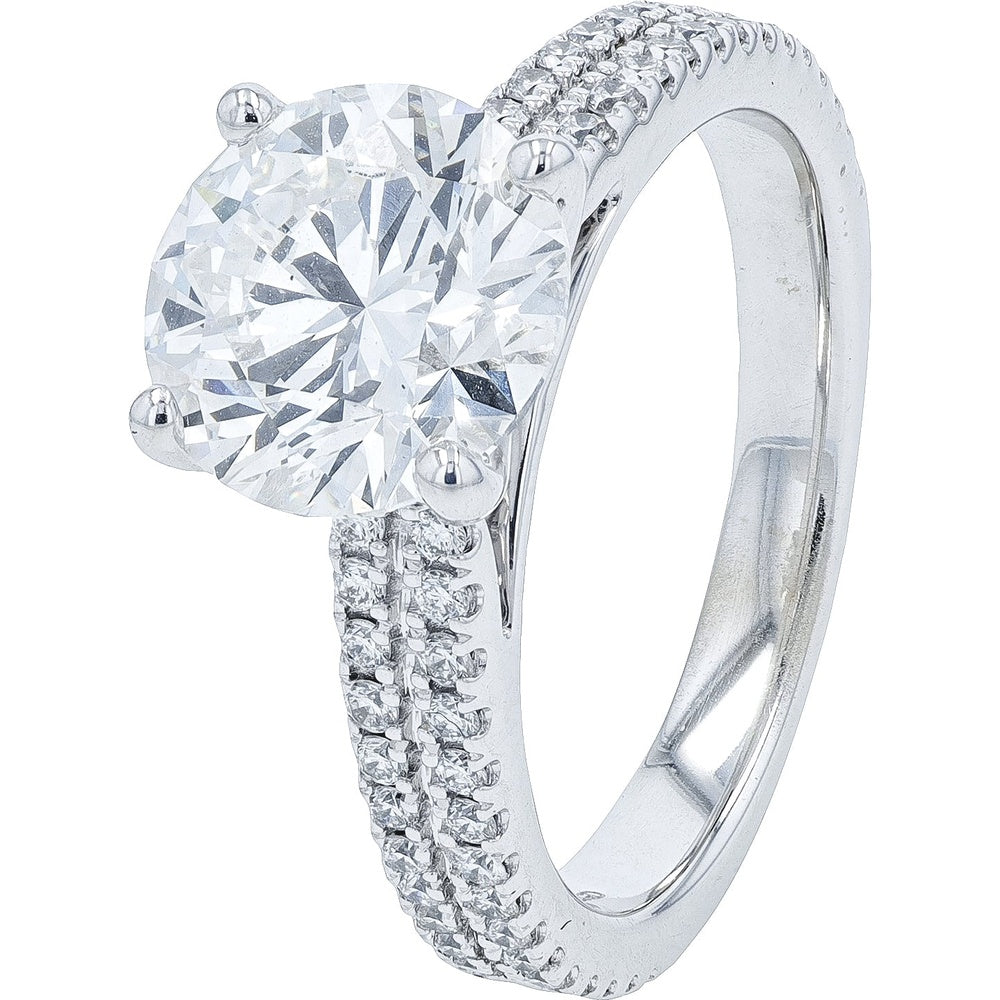 14K White Gold Engagement Ring with 3.00 Carat Round Lab Grown Diamond and Double Row Pavé Band - 3.38 Carat Total Diamond Weight