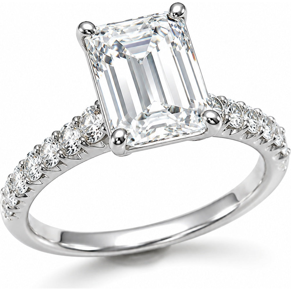 14K White Gold Engagement Ring with 3.10 Carat Emerald Cut Lab Grown Center Diamond and 0.95 Carat Round Lab Grown Side Diamonds by Auriventus