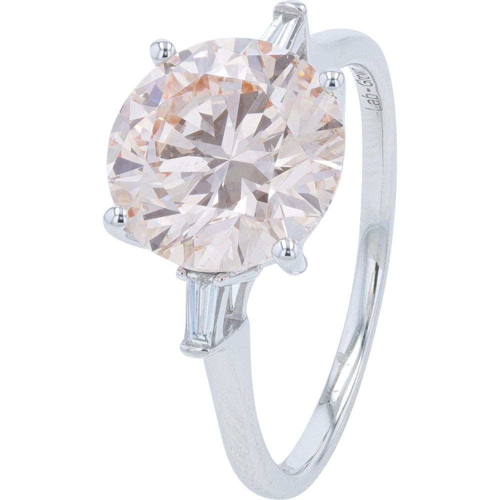 14K White Gold Engagement Ring with 3.40 Carat Round Lab Grown Diamond and Baguette Side Stones - 3.50 Carat Total Diamond Weight