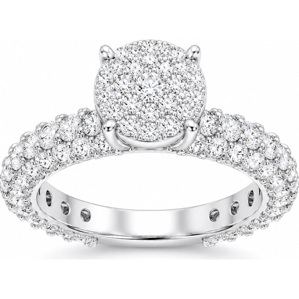 14K White Gold Engagement Ring with 3-Row Pavé Band and Round Diamond Cluster Center - 3.27 Carat Total Diamond Weight by Auriventus