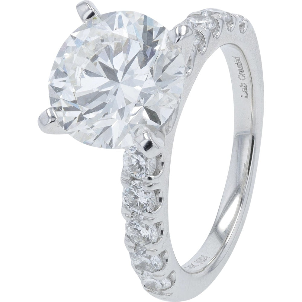 14K White Gold Engagement Ring with 4.00 Carat Round Lab Grown Diamond and Accent Stones - 4.75 Carat Total Diamond Weight