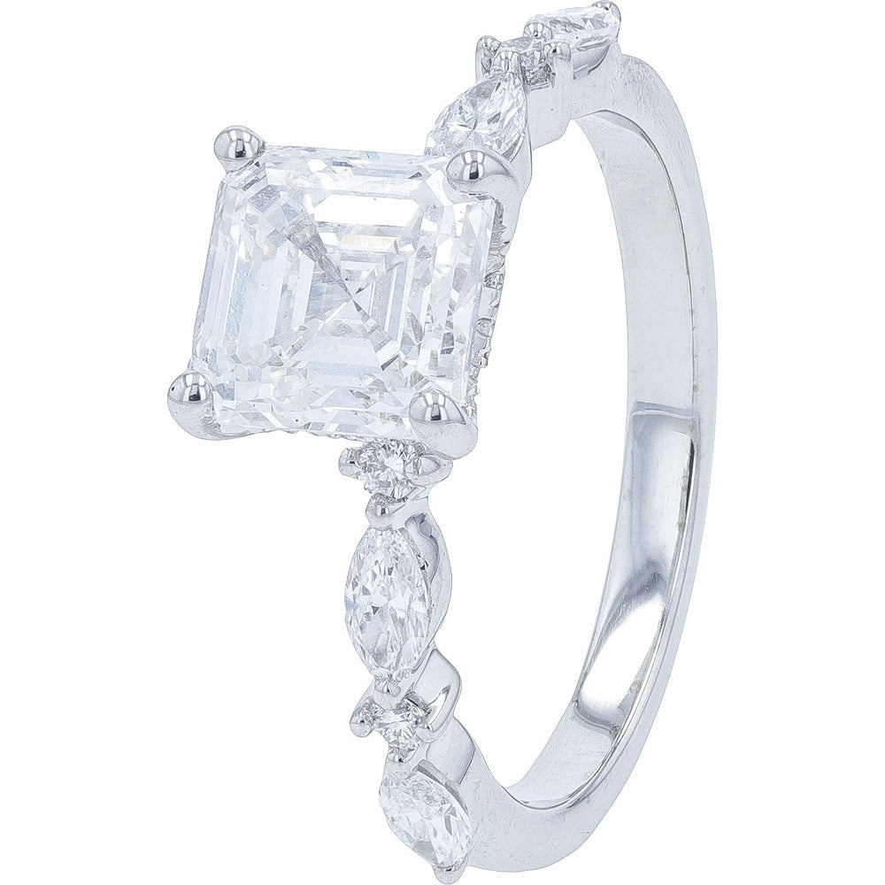 14K White Gold Engagement Ring with Asscher Cut Lab Grown Diamond and Marquise Side Stones - 2.25 Carat Total Diamond Weight