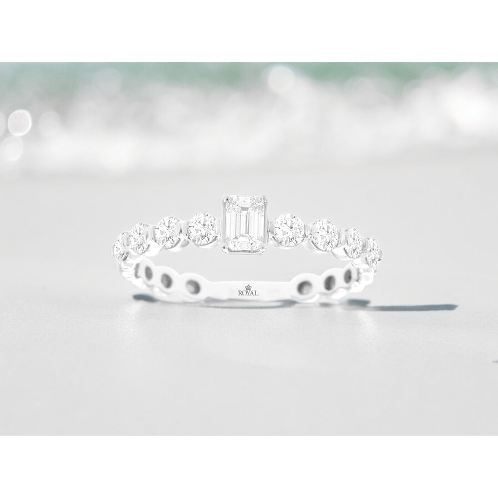 14K White Gold Engagement Ring with Emerald Cut Center Diamond and Round Accent Stones - 0.66 Carat Total Diamond Weight - Royal Jewelry