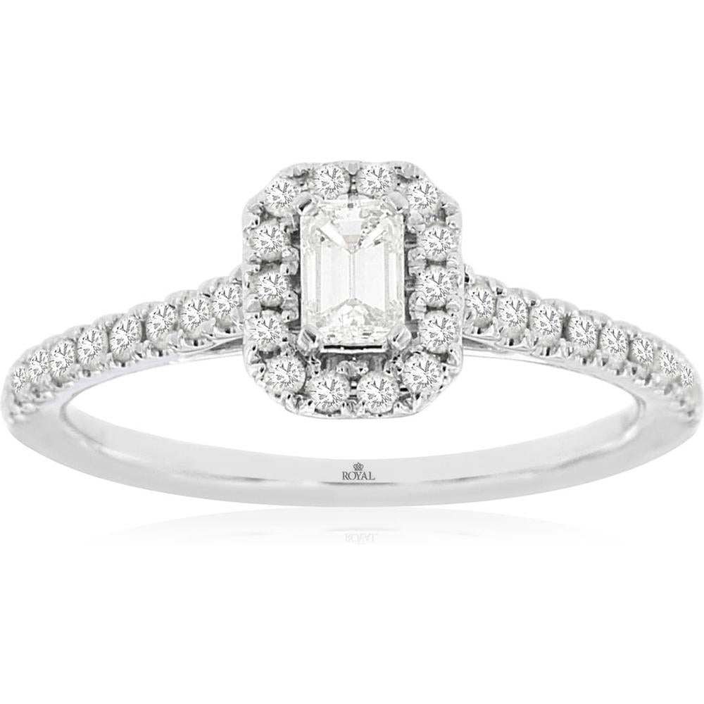 14K White Gold Engagement Ring with Emerald Cut Diamond and Diamond Halo - 0.55 Carats Total Diamond Weight