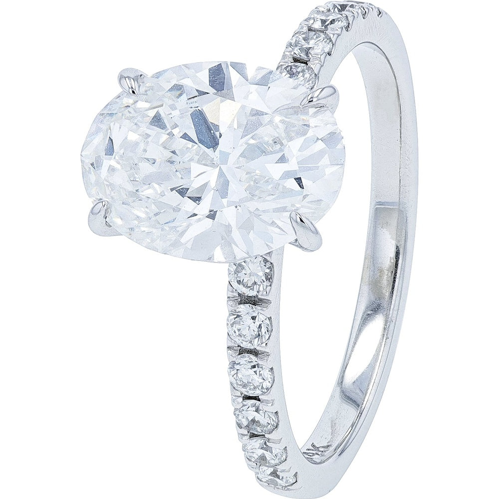 14K White Gold Engagement Ring with Oval Lab Grown Diamond and Pavé Band - 3.00 Carat Total Diamond Weight