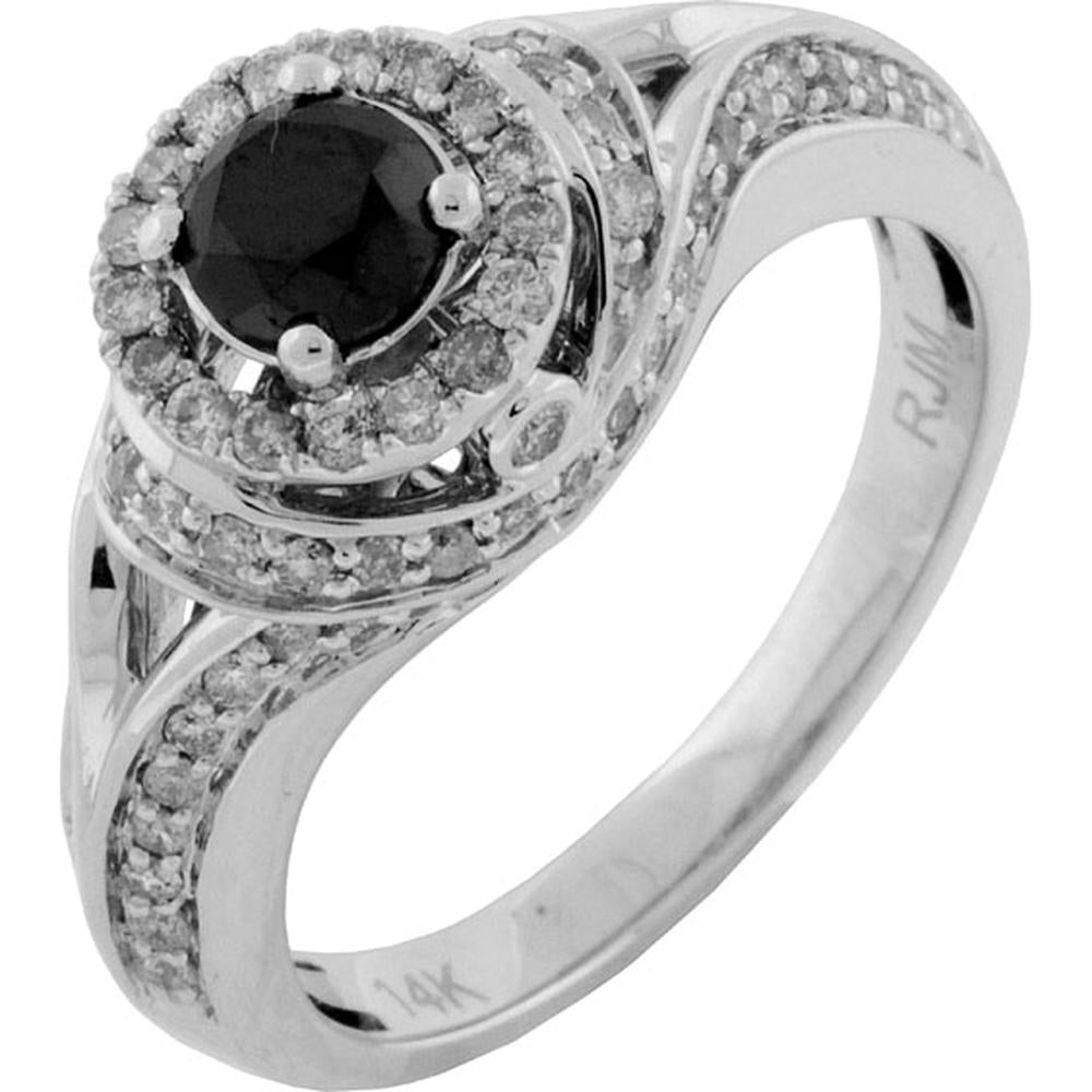14K White Gold Engagement Ring with Round Cut Black Diamond and Halo of White Diamonds - 1.00 Carats Total Diamond Weight