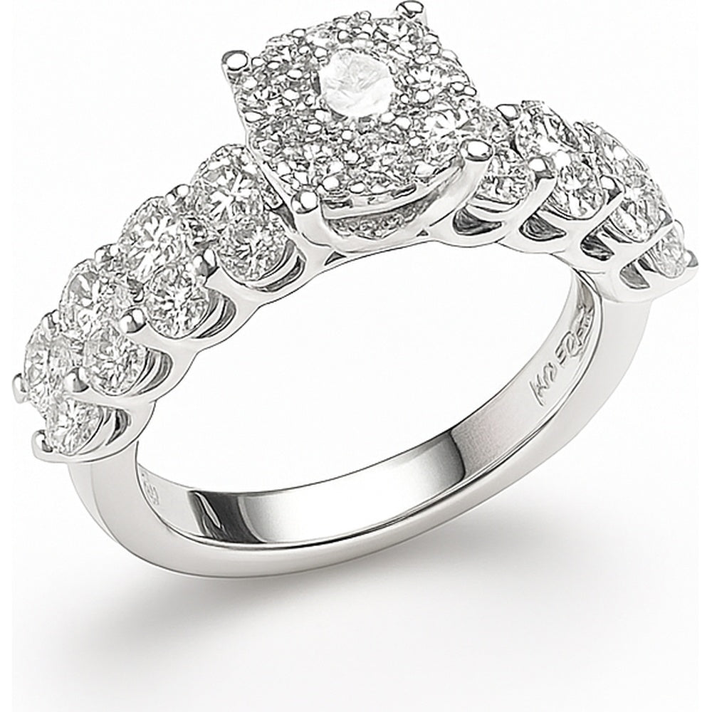 14K White Gold Engagement Ring with Round Diamond Halo and Graduated Side Stones - 1.34 Carat Total Diamond Weight by Auriventus