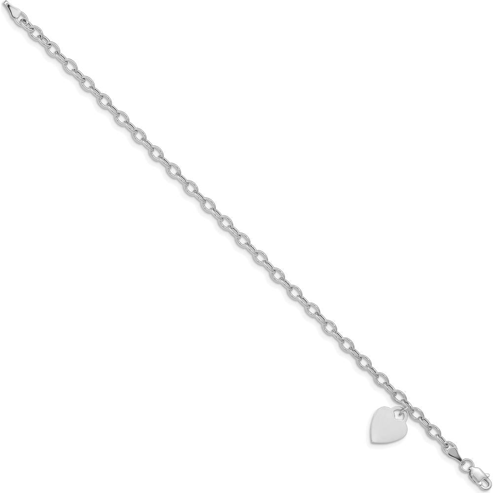 14K White Gold Engravable 14x10mm Dangle Heart Charm Bracelet - 8.5" Length by 0