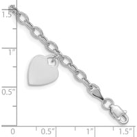 14K White Gold Engravable 14x10mm Dangle Heart Charm Bracelet - 8.5" Length by 0