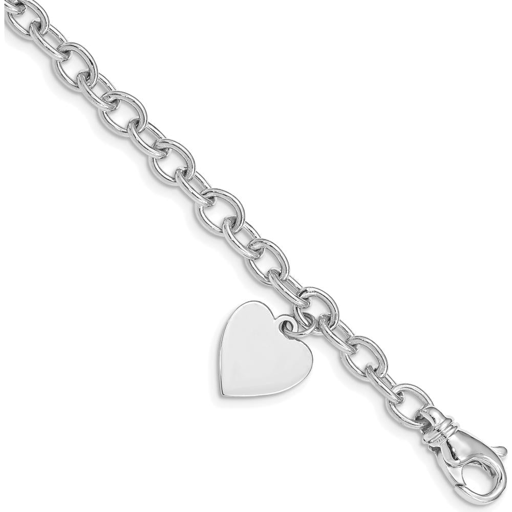 14K White Gold Engravable 19x13mm Solid Dangle Heart Charm and Polished Link 7.5" Bracelet by Oro Pregiato