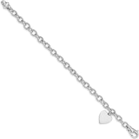14K White Gold Engravable 19x13mm Solid Dangle Heart Charm and Polished Link 7.5" Bracelet by Oro Pregiato