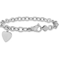 14K White Gold Engravable 19x13mm Solid Dangle Heart Charm and Polished Link 7.5" Bracelet by Oro Pregiato