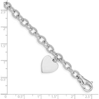 14K White Gold Engravable 19x13mm Solid Dangle Heart Charm Bracelet - 8.5" Length by Oro Pregiato
