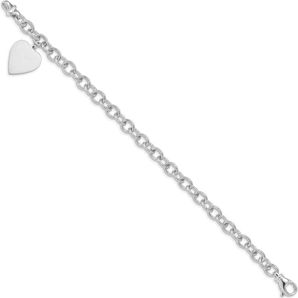 14K White Gold Engravable 23x17mm Dangle Heart Charm Bracelet with Solid Polished Link Chain - 7.5" Length by Oro Pregiato