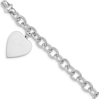 14K White Gold Engravable Heart Charm Bracelet with Solid Polished Link Chain - 8.5" Length by Oro Pregiato