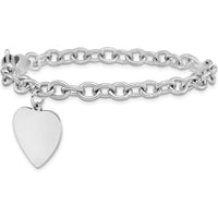 14K White Gold Engravable Heart Charm Bracelet with Solid Polished Link Chain - 8.5" Length by Oro Pregiato
