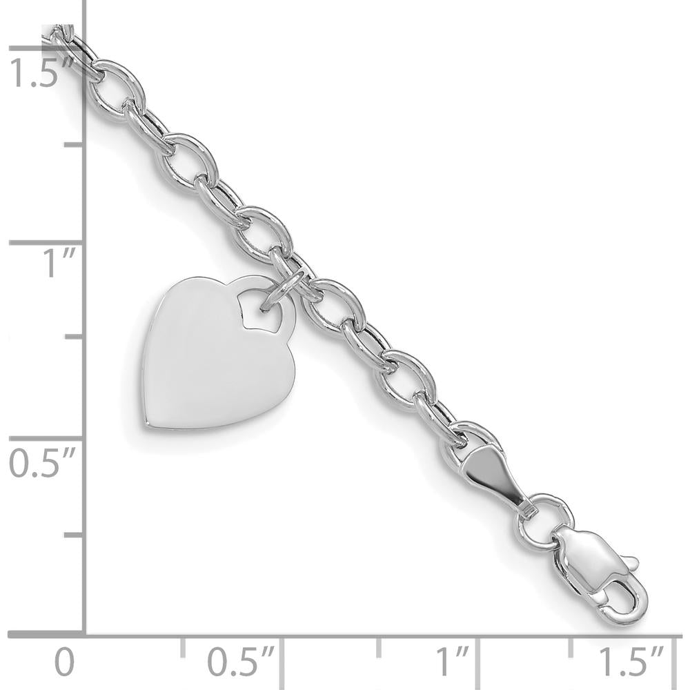 14K White Gold Engravable Heart Charm Dangle Bracelet with Hollow Chain - 7.5" by 0