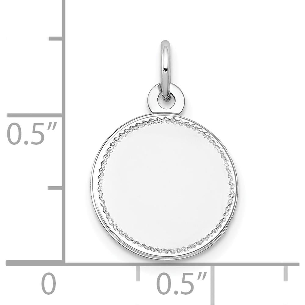 14K White Gold Engravable Round Disc Charm with Polished Finish and Laser Detail by Oro Pregiato
