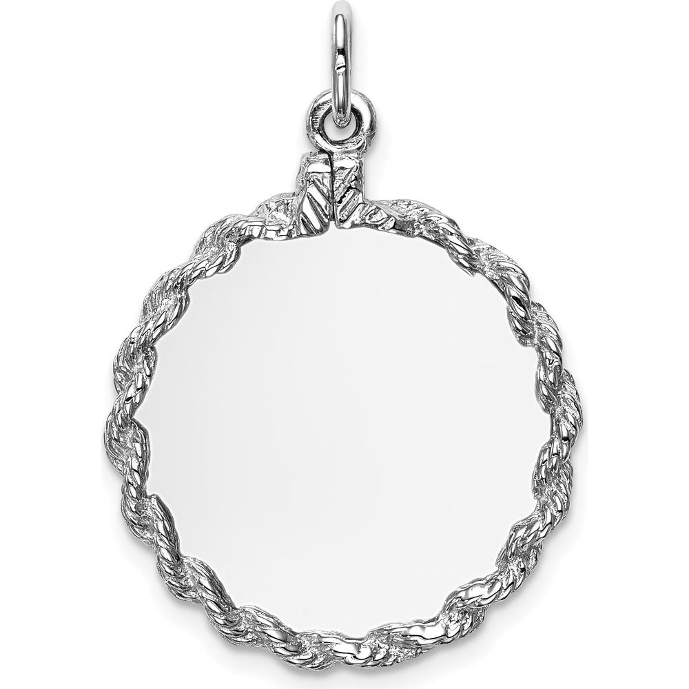 14K White Gold Engravable Round Disc Pendant with Rope Charm - Polished Finish by Oro Pregiato