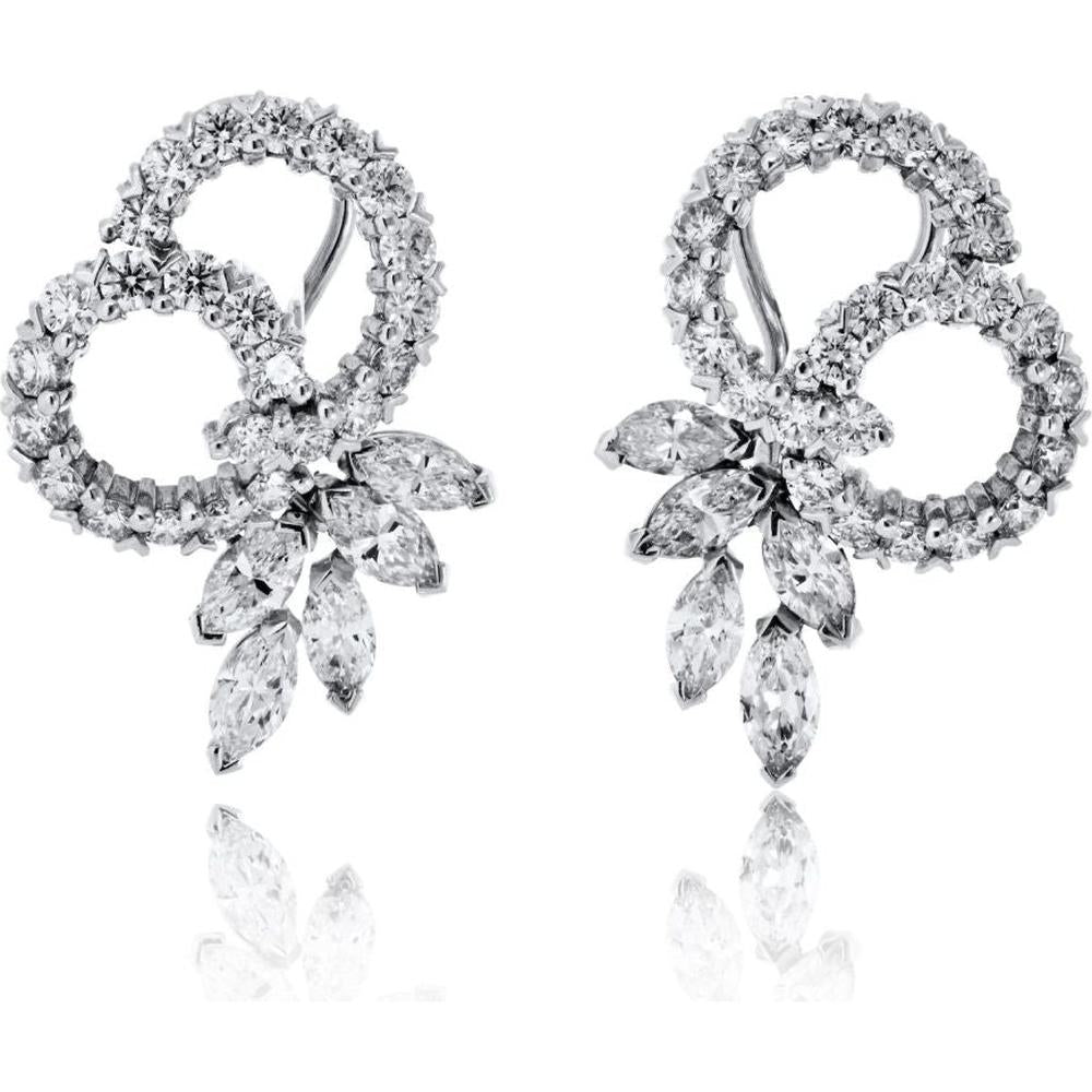14K White Gold Estate Earrings with Round and Marquise Diamonds - 4.50 Carat Total Diamond Weight