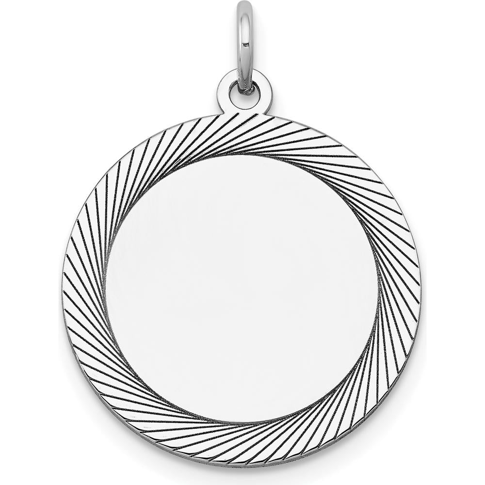 14K White Gold Etched Design Round Engravable Charm with Polished Finish - 19mm by Oro Pregiato