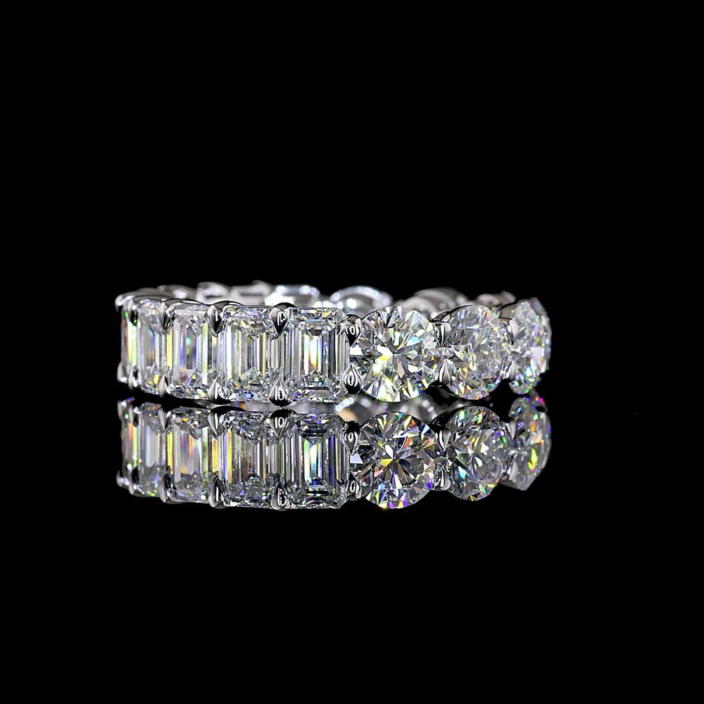 14K White Gold Eternity Band with 17 Alternating Round and Emerald Cut Lab Diamonds - 6.98 Total Carat Weight - Covaloro Fine Jewelry