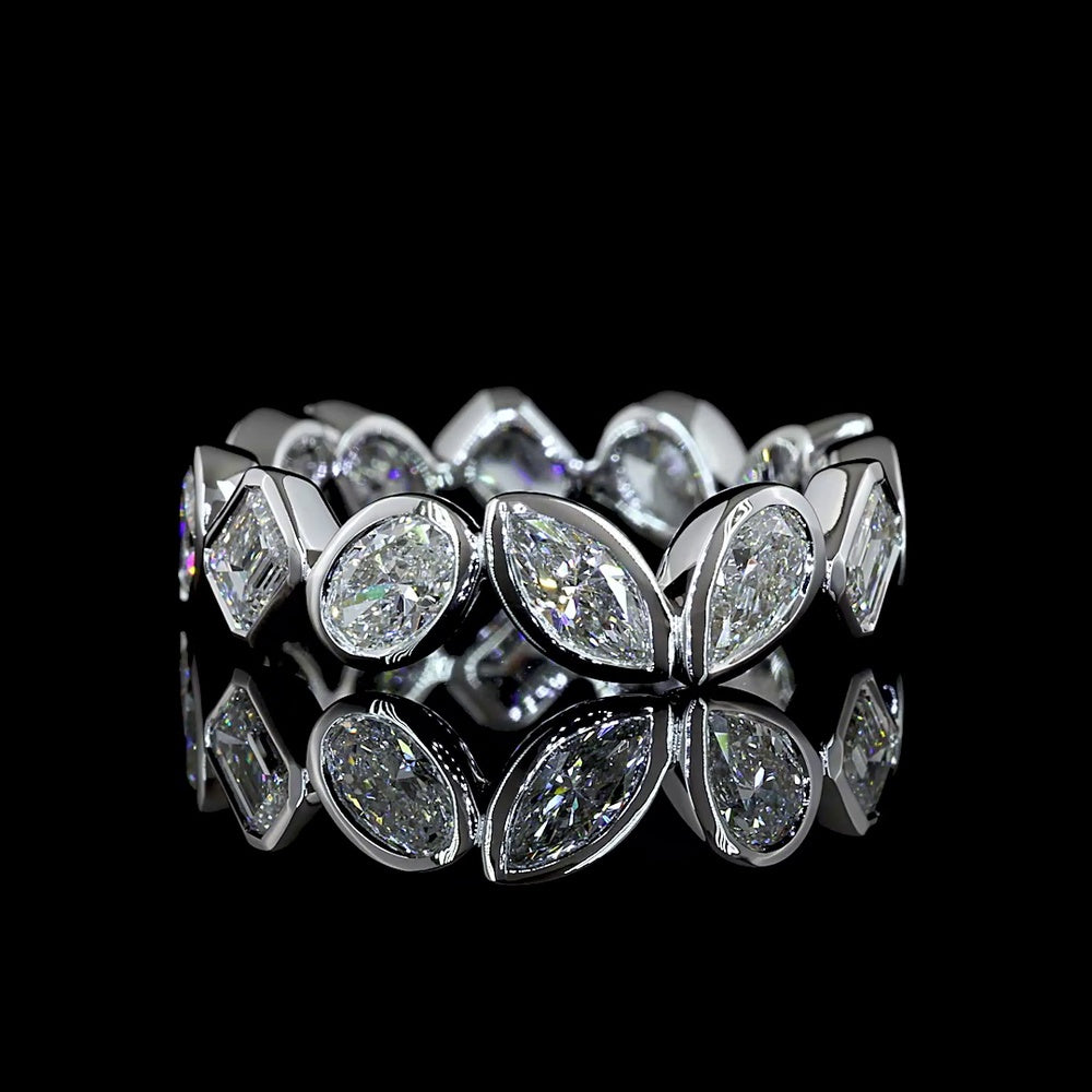 14K White Gold Eternity Band with Alternating Emerald Cut, Pear Shape, and Oval Cut Lab Diamonds in Bezel Settings - 2.62 Carat Total Diamond Weight - Covaloro Fine Jewelry