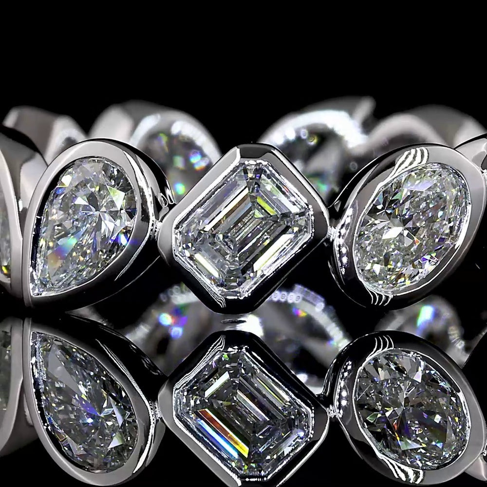 14K White Gold Eternity Band with Alternating Emerald Cut, Pear Shape, and Oval Cut Lab Diamonds in Bezel Settings - 2.62 Carat Total Diamond Weight - Covaloro Fine Jewelry