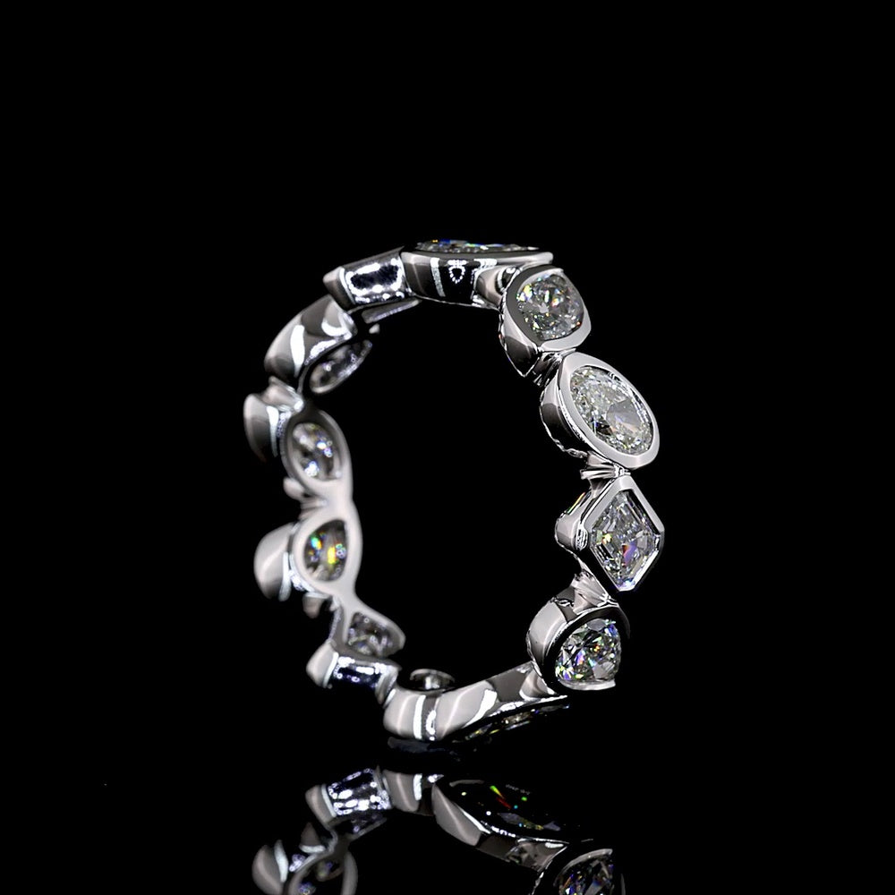 14K White Gold Eternity Band with Alternating Emerald Cut, Pear Shape, and Oval Cut Lab Diamonds in Bezel Settings - 2.62 Carat Total Diamond Weight - Covaloro Fine Jewelry