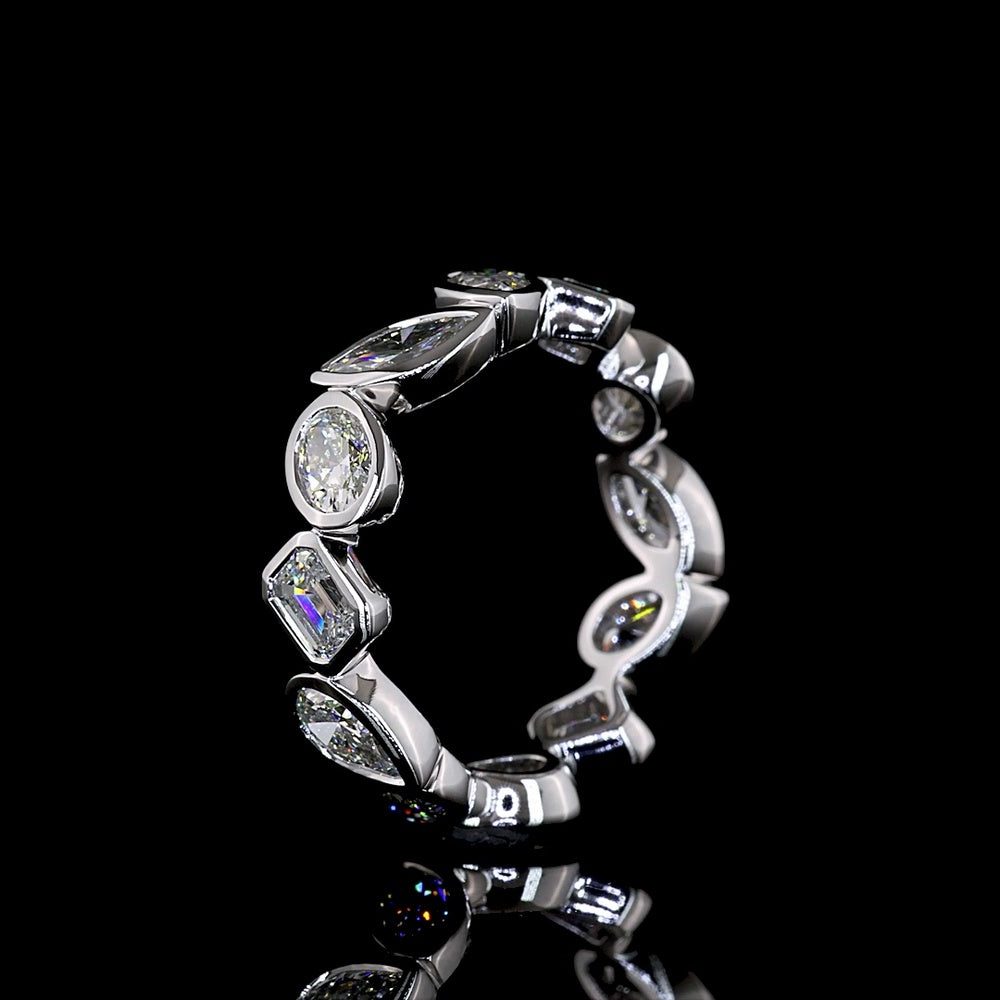 14K White Gold Eternity Band with Alternating Emerald Cut, Pear Shape, and Oval Cut Lab Diamonds in Bezel Settings - 2.62 Carat Total Diamond Weight - Covaloro Fine Jewelry