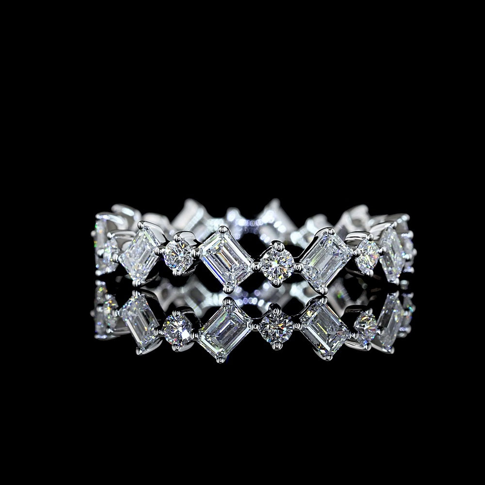 14K White Gold Eternity Band with Alternating Inclined Emerald-Cut and Round Lab Diamonds - 1.19 Carats Total Diamond Weight - Covaloro Fine Jewelry