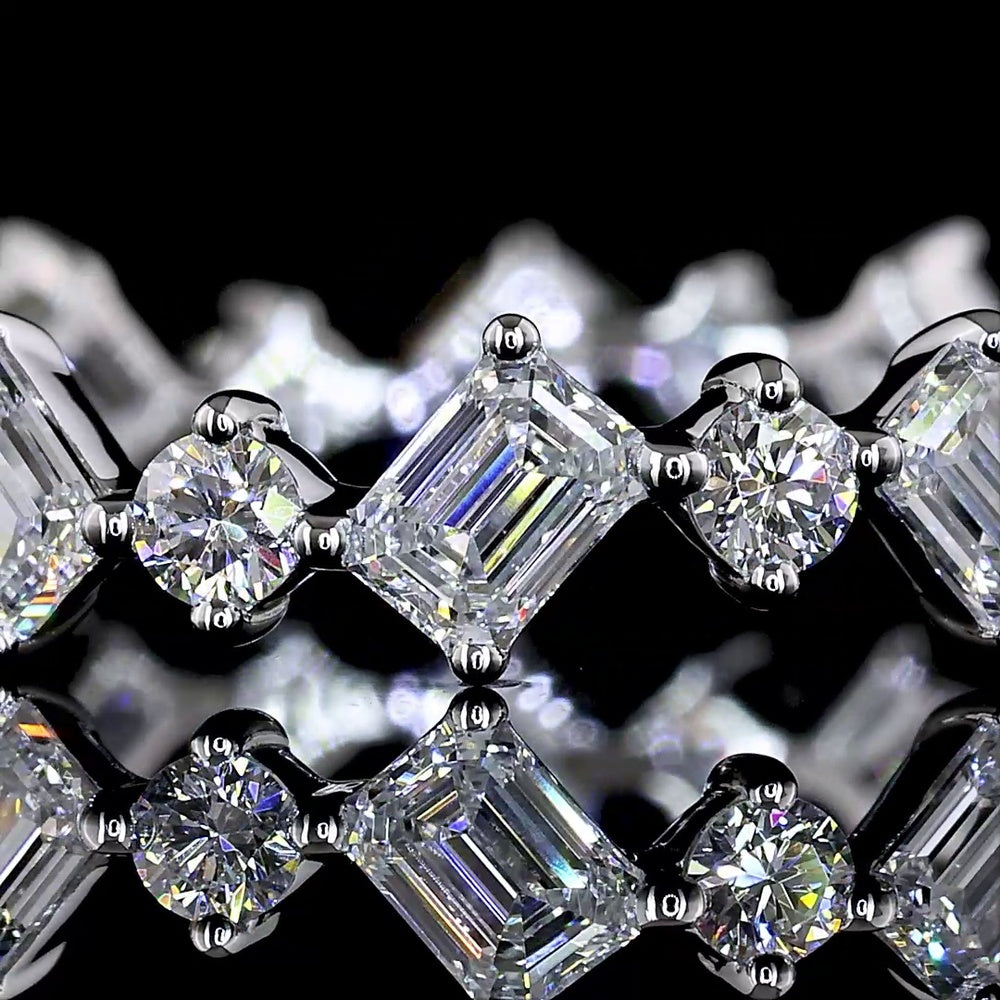 14K White Gold Eternity Band with Alternating Inclined Emerald-Cut and Round Lab Diamonds - 1.19 Carats Total Diamond Weight - Covaloro Fine Jewelry