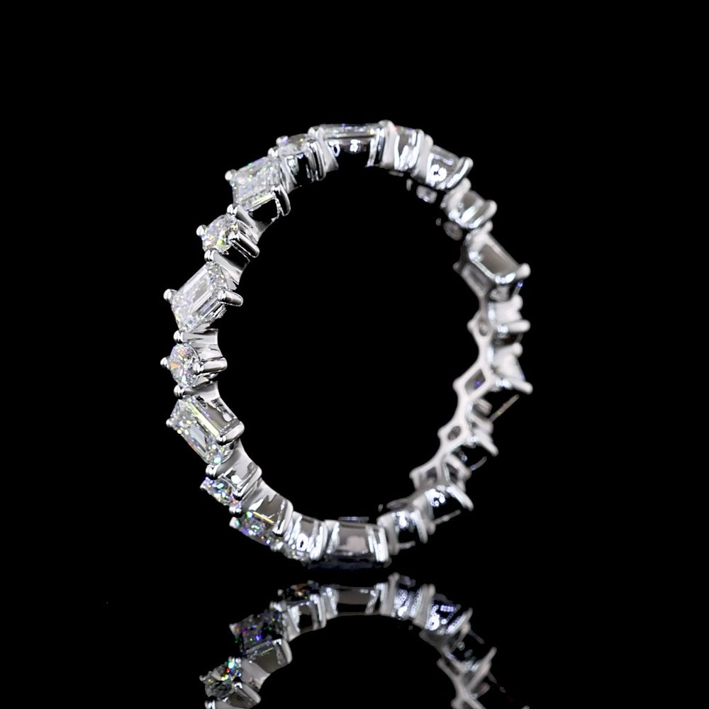 14K White Gold Eternity Band with Alternating Inclined Emerald-Cut and Round Lab Diamonds - 1.19 Carats Total Diamond Weight - Covaloro Fine Jewelry