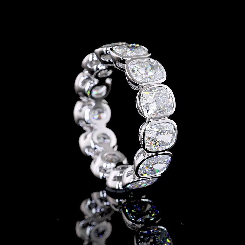 14K White Gold Eternity Band with Bezel Set Cushion Brilliant Cut Lab Diamonds - 7.33 Carat Total Weight - Covaloro Fine Jewelry