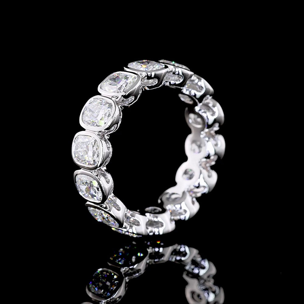 14K White Gold Eternity Band with Bezel Set Cushion Brilliant Lab Diamonds - 5.49 Carat Total Weight (E-F Color, VS Clarity) - Covaloro Fine Jewelry