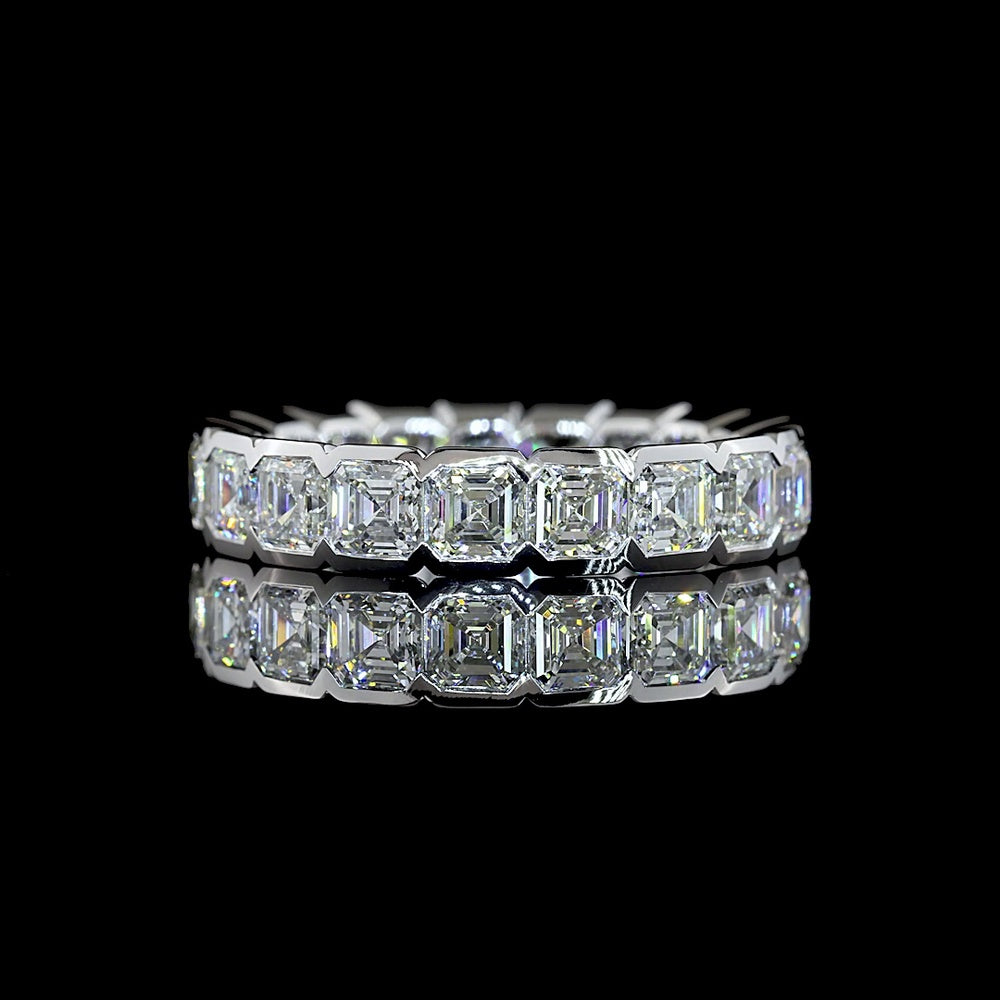 14K White Gold Eternity Band with Half-Bezel Set Asscher Cut Lab Diamonds - 4.31 Carat Total Weight (19 Stones, E-F Color, VS1 Clarity) - Covaloro Fine Jewelry