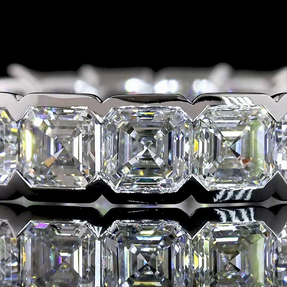 14K White Gold Eternity Band with Half-Bezel Set Asscher Cut Lab Diamonds - 4.31 Carat Total Weight (19 Stones, E-F Color, VS1 Clarity) - Covaloro Fine Jewelry