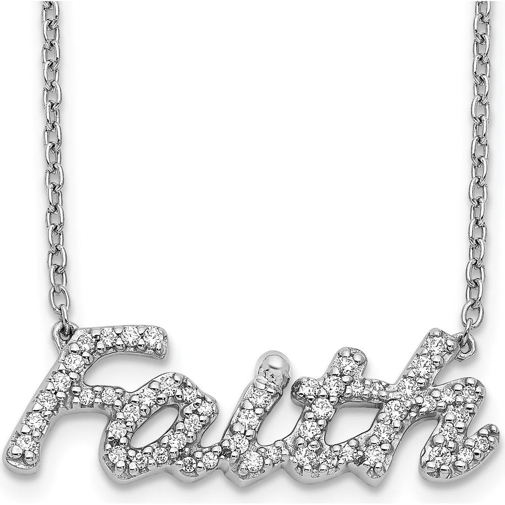 14K White Gold Faith Script Necklace with Round Diamonds - 0.25 Carat Total Diamond Weight by Monteluci Fine Jewelry
