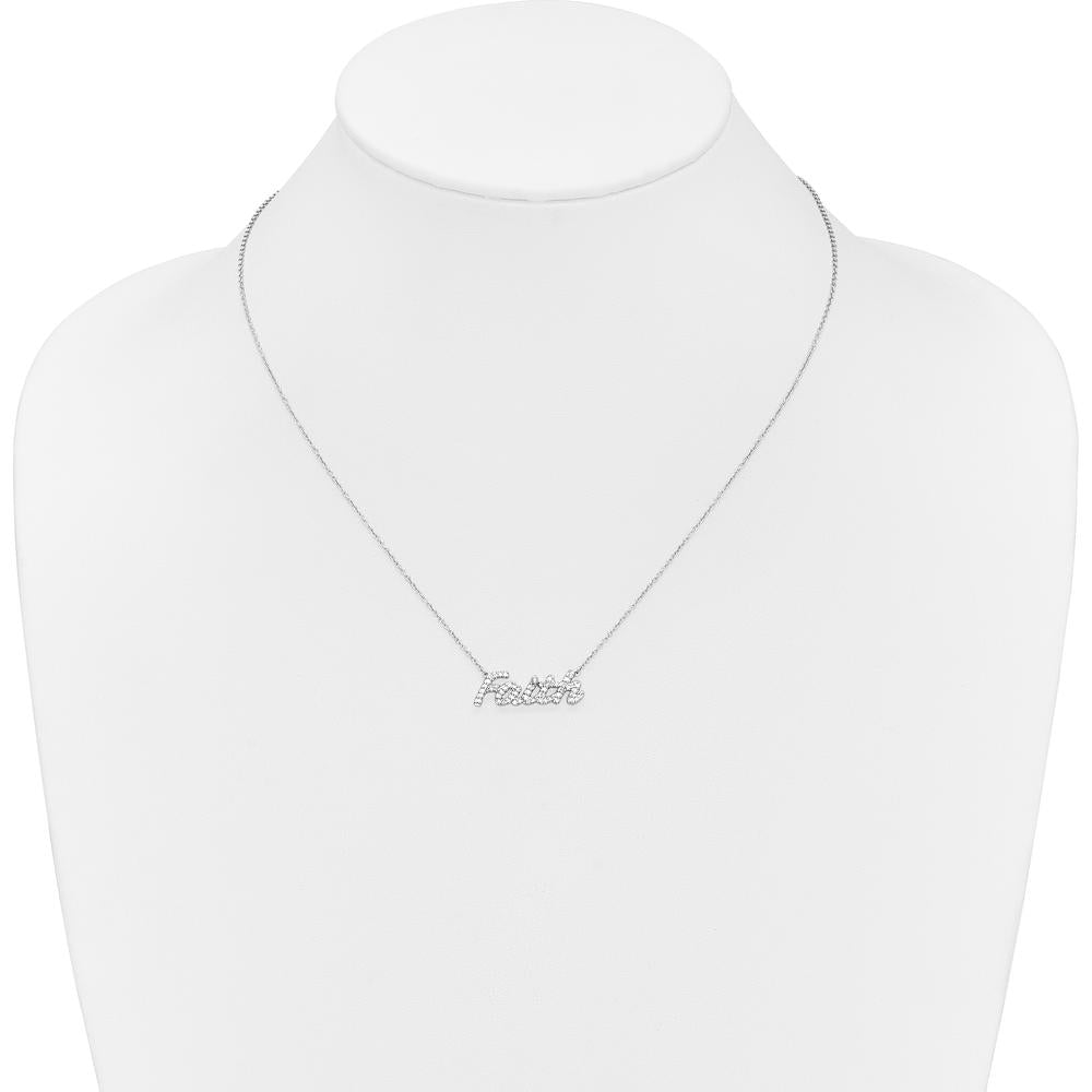 14K White Gold Faith Script Necklace with Round Diamonds - 0.25 Carat Total Diamond Weight by Monteluci Fine Jewelry