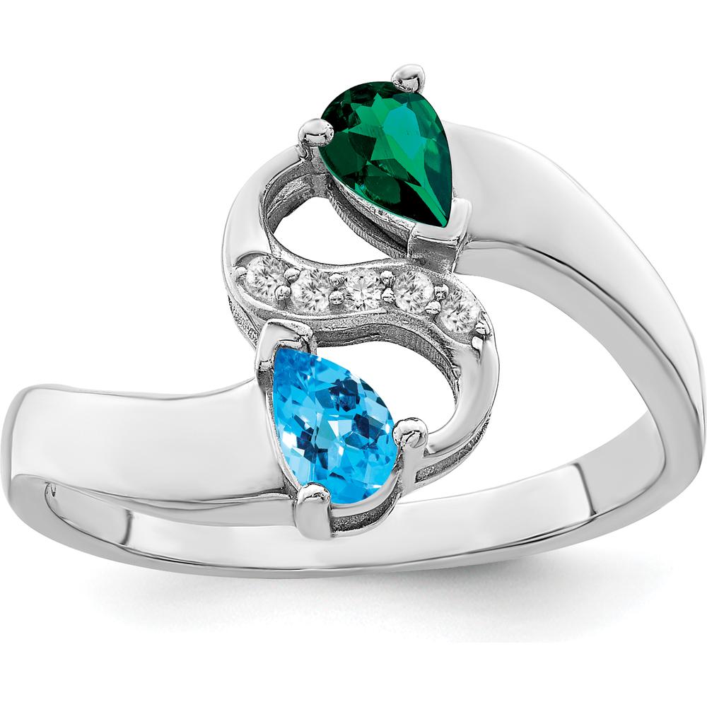 14K White Gold Family Jewelry Ring with Green and Blue Pear-Shaped Gemstones and Diamond Accents by Monteluci Fine Jewelry