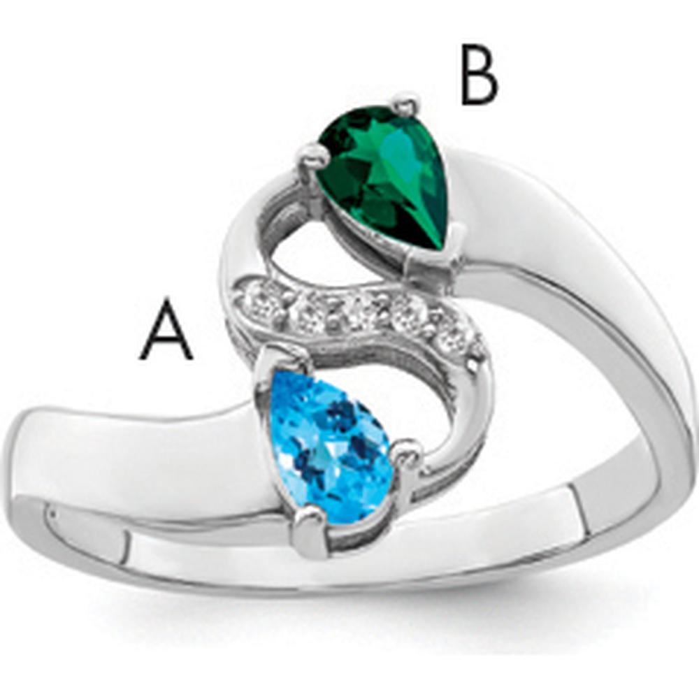 14K White Gold Family Jewelry Ring with Green and Blue Pear-Shaped Gemstones and Diamond Accents by Monteluci Fine Jewelry