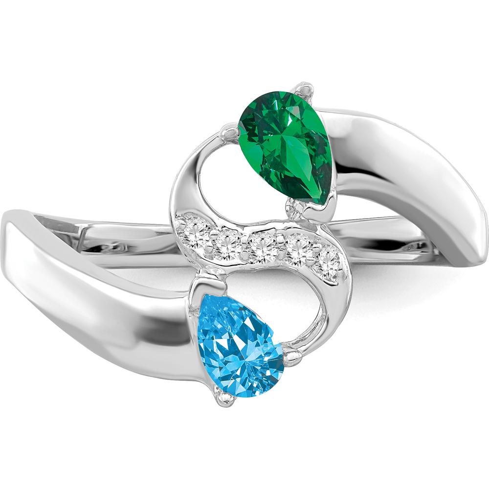 14K White Gold Family Jewelry Ring with Green and Blue Pear-Shaped Gemstones and Diamond Accents by Monteluci Fine Jewelry