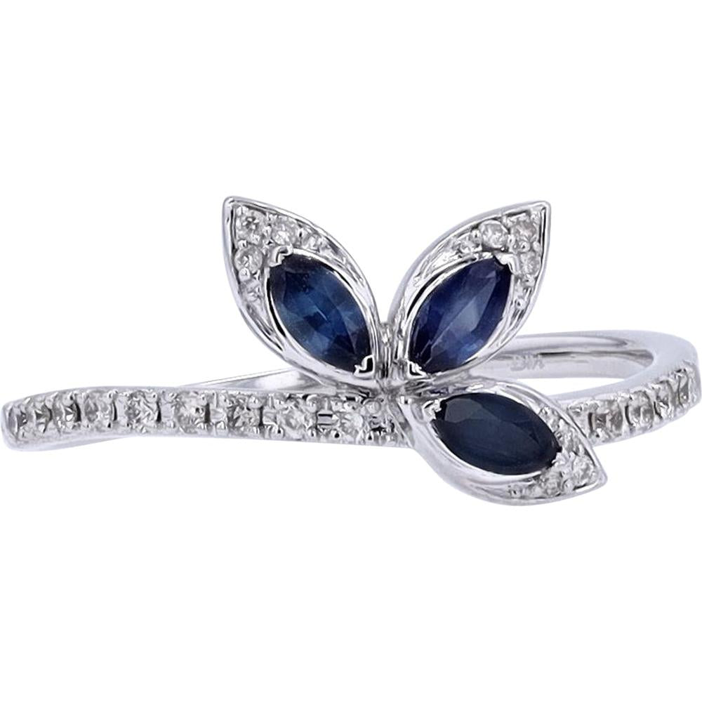 14K White Gold Fan Ring with Marquise Sapphires and Diamond Accents - 0.33 Carats Sapphire, 0.10 Carats Diamond Total Weight