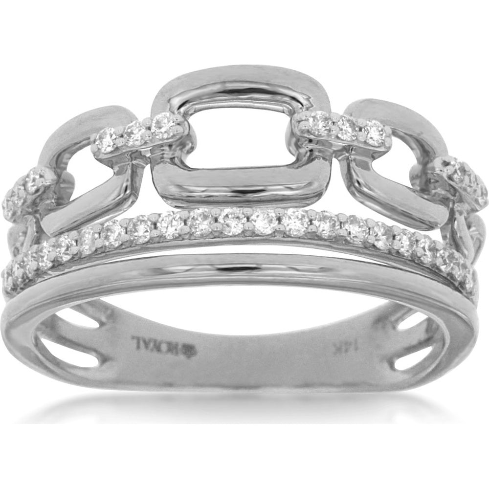 14K White Gold Fancy Chain Link Ring with Prong-Set Round Diamonds - 0.25 Carat Total Diamond Weight - Royal Jewelry