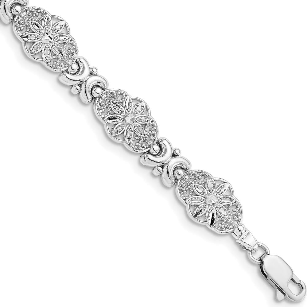 14K White Gold Fancy Floral Link Bracelet with Polished and Textured Finish - 7.5" Length by Oro Pregiato