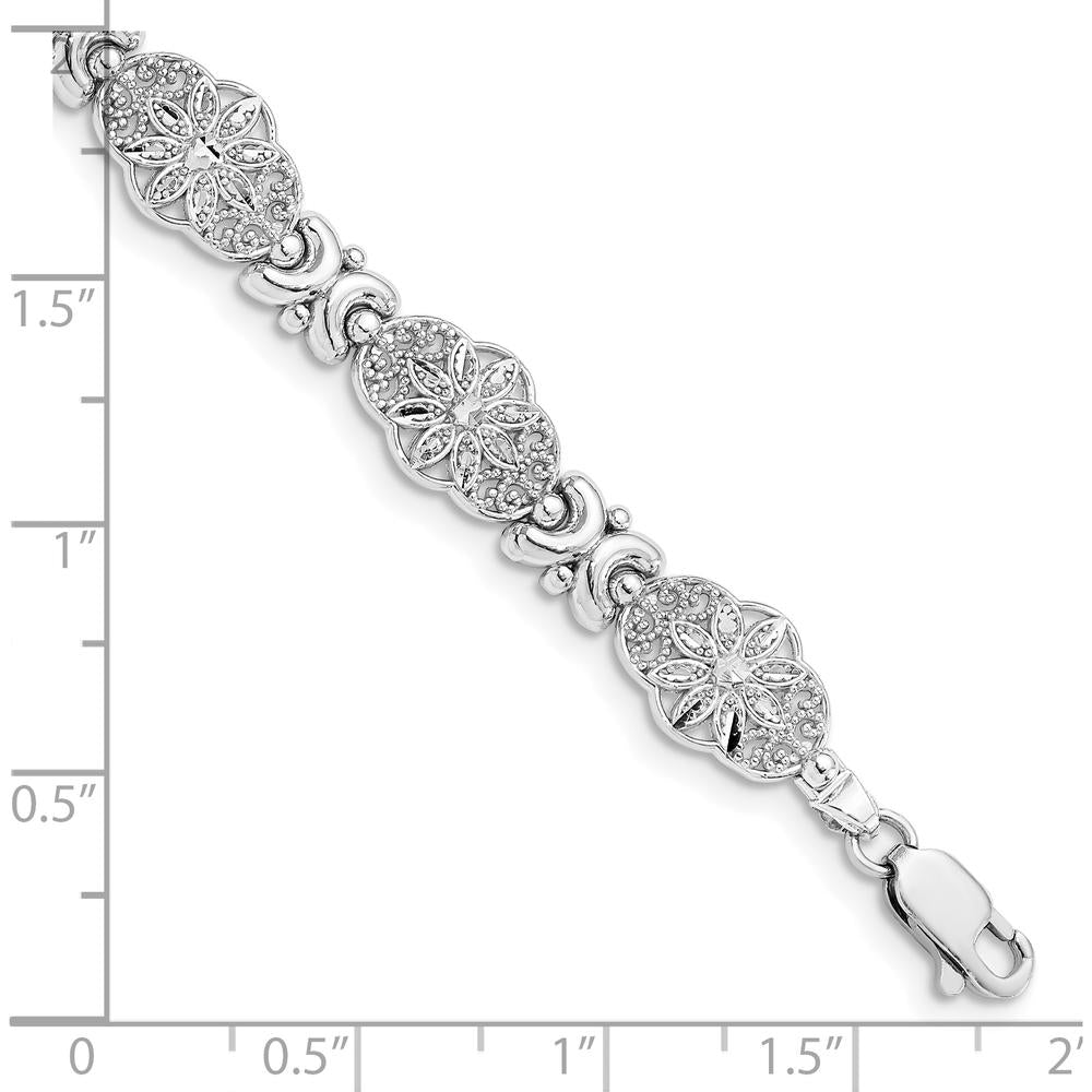 14K White Gold Fancy Floral Link Bracelet with Polished and Textured Finish - 7.5" Length by Oro Pregiato