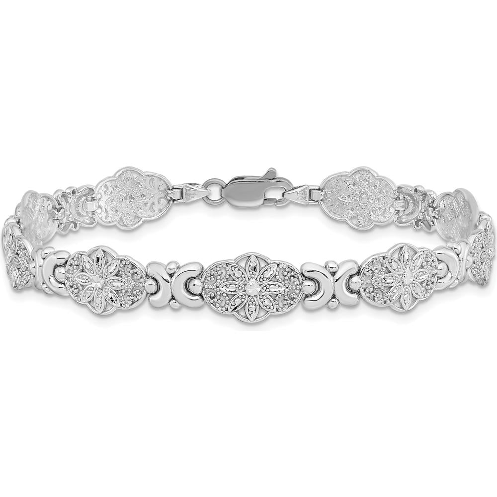 14K White Gold Fancy Floral Link Bracelet with Polished and Textured Finish - 7.5" Length by Oro Pregiato