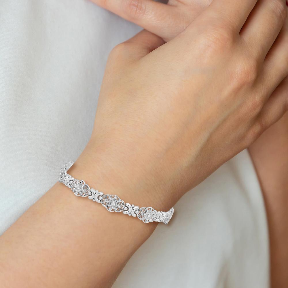 14K White Gold Fancy Floral Link Bracelet with Polished and Textured Finish - 7.5" Length by Oro Pregiato