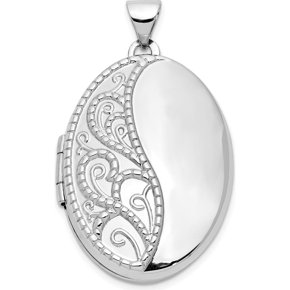 14K White Gold Fancy Half Swirl Design Locket Pendant - Engravable and Polished Finish by Monteluci Fine Jewelry