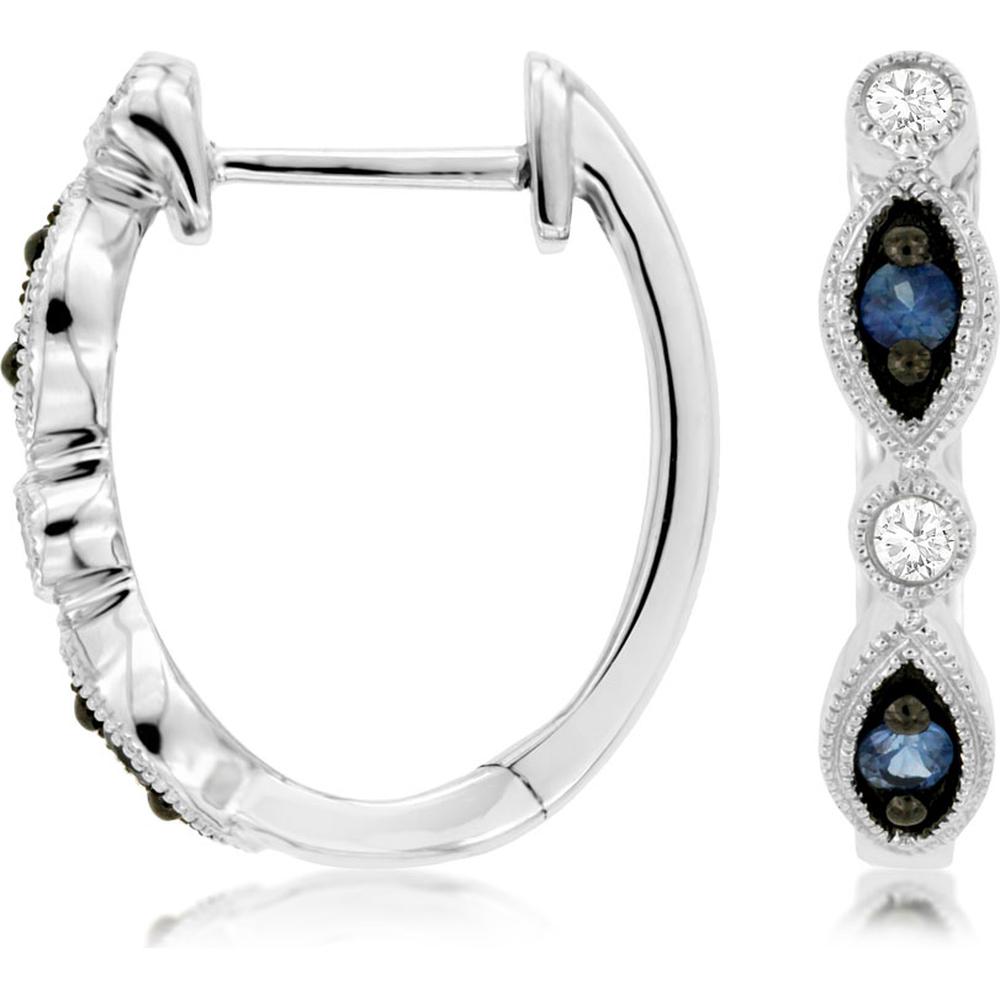 14K White Gold Fancy Hoop Earrings with Round Blue Sapphires and Diamond Accents - 0.18 Carat Sapphire Total Weight & 0.08 Carat Diamond Total Weight - Royal Jewelry